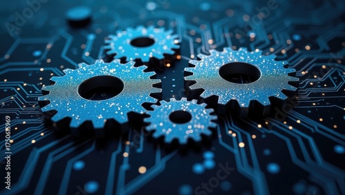of interlocking gears with a textured, glittering surface, seemingly part of a larger technological system printed on a blue circuit board, creating an abstract representation of technological...