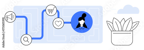 Process flow with icons of search, marketing, shopping cart, and heart leading to a profile circle. Ideal for marketing, customer experience, user persona, data analysis, engagement e-commerce