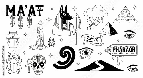 Black and White Doodle Icons: Ancient Egyptian Mythology, Gods, and Symbols featuring Anubis, Pyramids, Scarabs, and Sacred Artifacts