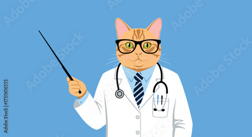 An illustrated anthropomorphic cat wearing glasses and a lab coat stands with a pointer.