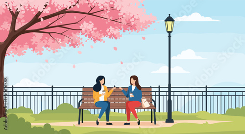 Two friends enjoy a pleasant conversation on a park bench under a blooming cherry blossom tree.