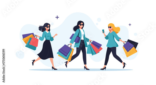 Three stylish women walking and carrying shopping bags.