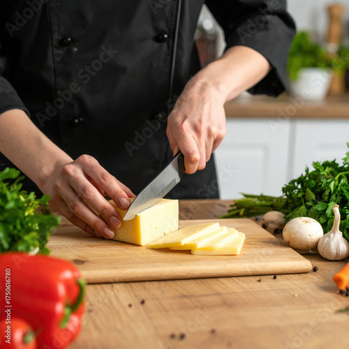 Chef slicing cheese on wooden board, surrounded by fresh vegetables, herbs, and mushrooms in kitchen, preparing ingredients for cooking with focus and precision