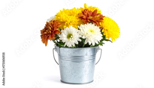 Colorful flowers in a tin bucket
