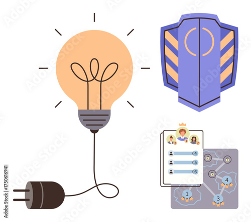 Lightbulb connected to plug symbolizing ideas, shield representing security, leaderboard with avatars, and gamification map. Ideal for creativity, protection, teamwork, ranking, innovation energy