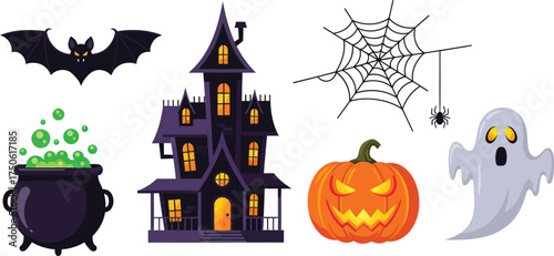 Halloween set with haunted house, ghost, pumpkin, and bat isolated on white