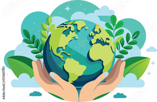 Hands gently holding the earth surrounded by green nature and clouds