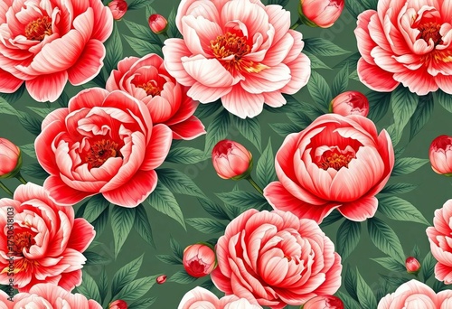 Coral peonies botanical seamless vector pattern, classic style, trendy, vintage