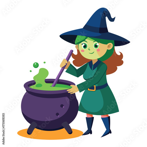 Green skinned witch stirring bubbling potion in cauldron
