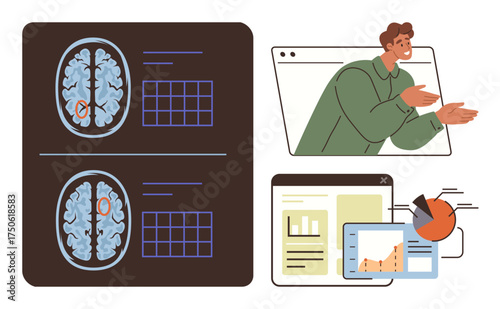 Brain scans with marked zones, presenter making a point in a browser, and statistical graphs with charts. Ideal for healthcare, education, technology, neuroscience, statistics, online communication