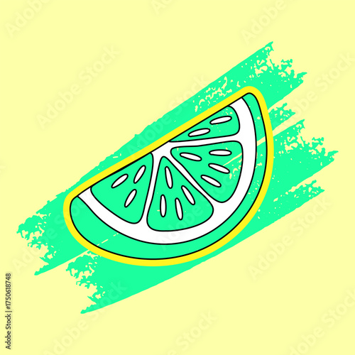 A vibrant pop art style illustration of a fresh citrus lime wedge with a bold outline, set against a green grunge brushstroke on a yellow background