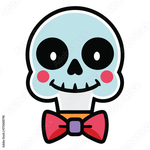Light blue skull with red cheeks and bowtie cartoon