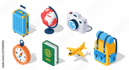 Isometric travel and tourism icons featuring suitcase, globe, camera, passport, airplane, compass, and backpack essentials for global adventure.
