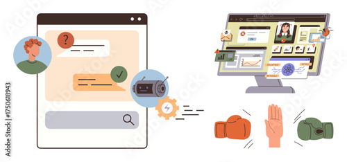 Chat interface, user avatar, chatbot icon, information dashboard, boxing gloves, and gesture signaling halt. Ideal for communication, tech, AI assistance productivity conflict negotiation