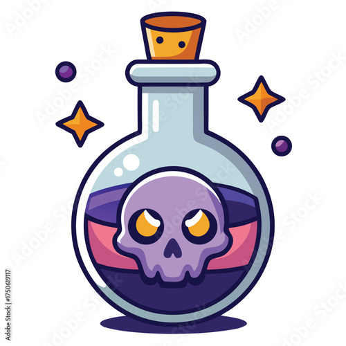 Purple magic potion bottle with skull label and stars