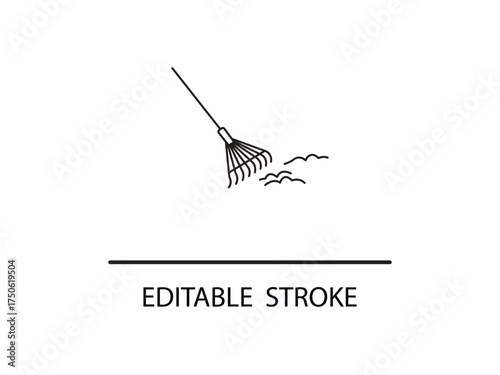 Rake icon for gardening and yard work projects in simple black line art style, great for editable designs and spring cleaning concepts.