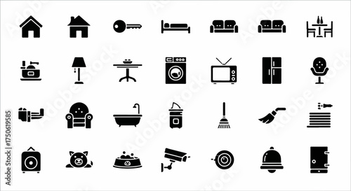 Comprehensive collection of black glyph icons for home, household items, furniture, appliances, cleaning tools, and smart home security systems on a white background, perfect for modern design.