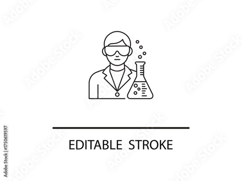Sleek line art illustration of scientist in lab coat holding beaker, perfect for science education or medical research concepts.