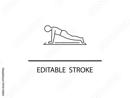 Line art icon of person doing plank exercise on mat for fitness and healthy lifestyle, perfect for wellness blogs and gym promotions.