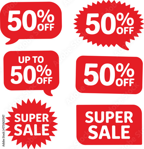 Red sale and discount badges featuring 50 percent off and super sale