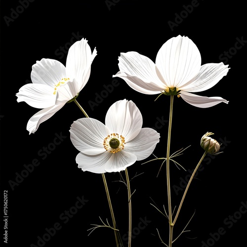 Delicate white cosmos flowers against black background