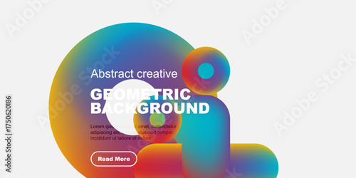 Vibrant abstract shapes overlap white space. Text promotes geometric background design, includes sample text, button.