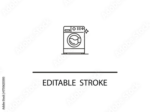 Clean line art of a front-loading washing machine, representing domestic appliance, editable stroke, for laundry room interiors and cleaning services.