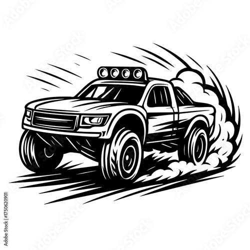 Black and white drawing of a trophy truck drifting with dust trails and motion lines