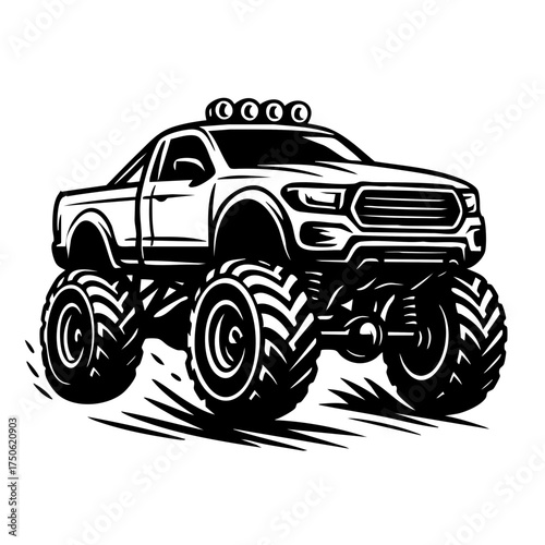 Black and white stylized trophy truck illustration with exaggerated suspension and big tires