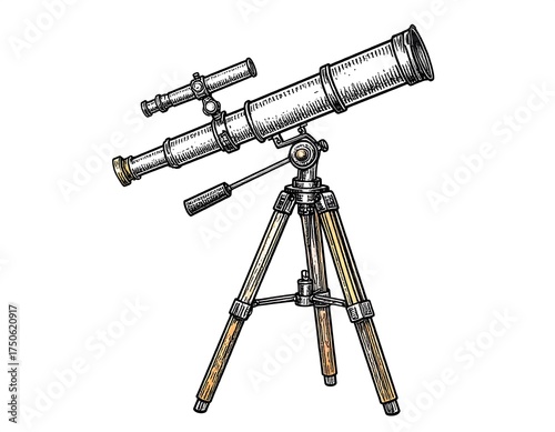 Detailed illustration of an antique telescope on a tripod