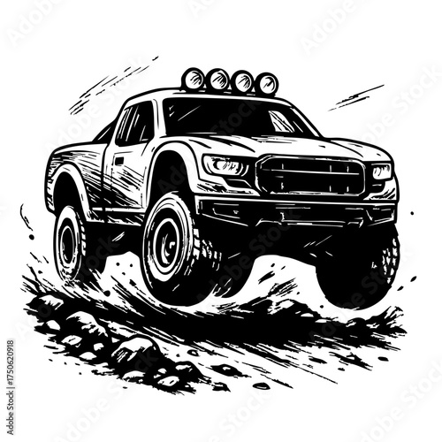 Monochrome ink-style drawing of a trophy truck speeding through rocks and sand