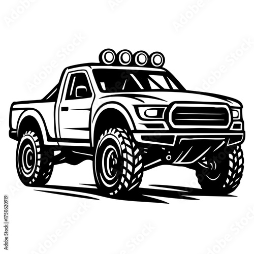 Monochrome side view of an off-road trophy truck with large tires and suspension details