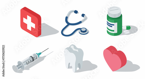 Isometric healthcare and medical icons set featuring first aid, stethoscope, medicine, syringe, tooth, and heart symbols on a white background.