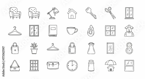 Hand-drawn doodle icons of household items, furniture, and personal objects in black and white.