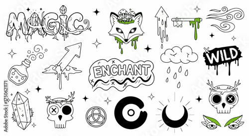A collection of mystical, magical, and occult line art elements featuring crystals, skulls, a fox, potions, and wild nature themes for enchantment and spiritual designs.