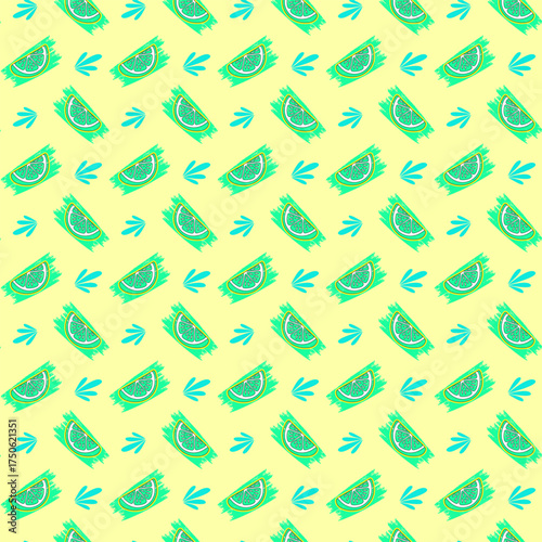 Playful summer food concept featuring a seamless pattern of stylized green watermelon ticket slices and turquoise splashes on a yellow background
