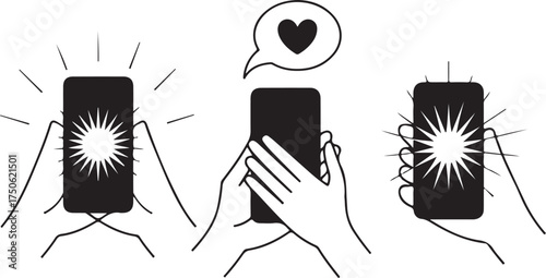 Hands holding phones, showing likes and bright screens