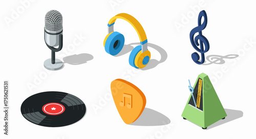 Vibrant isometric collection of music and audio icons: microphone, headphones, vinyl record, metronome, guitar pick, and treble clef, isolated on white.