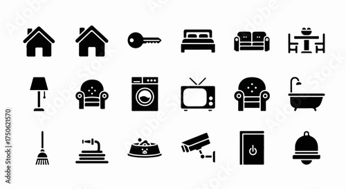 Home and Living Vector Icons: Essential Furniture, Appliances, Security, and Domestic Items Collection