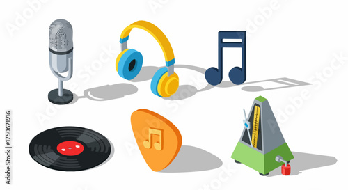 Isometric Music Equipment Set: Microphone, Headphones, Vinyl, Metronome, and Musical Symbols for Audio Production and Entertainment.