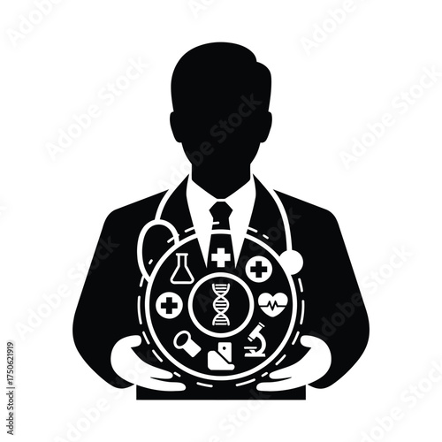 Doctor silhouette holding medical science icons in a circle