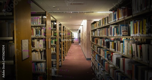 Extending library aisle in stacks, with wood-metal shelves flanking carpet under fluorescent lights