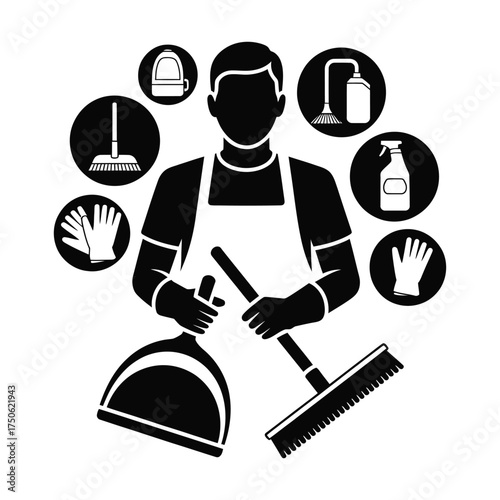 Cleaning professional with essential supplies icon set