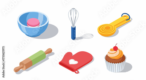 Isometric illustration of colorful baking tools and a delicious cupcake, representing kitchen activities and dessert preparation with essential equipment.