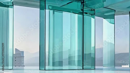 Blurred glass wall of modern business office building at the business center, blur corporate business office background