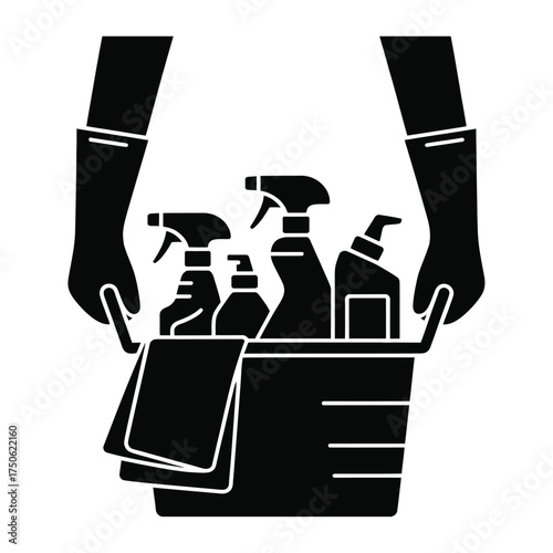 Hands wearing gloves holding a cleaning supplies bucket