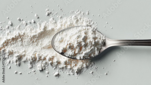 A spoonful of powdered sugar is shown on a white background