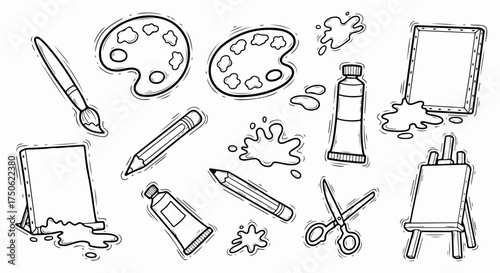 Hand-drawn doodle art supplies collection: Paintbrushes, palettes, paints, canvases, pencils, and scissors for creative projects and artistic expression.