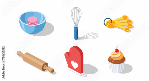 Isometric Baking Tools and Desserts: Whisk, Rolling Pin, Measuring Spoons, Oven Mitt, Bowl with Macaron, and Cupcake.