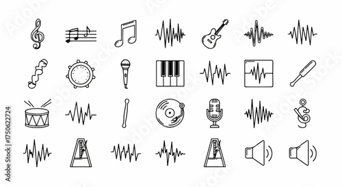 Music and Sound Icons Collection: Musical Instruments, Notes, Audio Equipment, and Sound Waves Outline Set for Creative Design